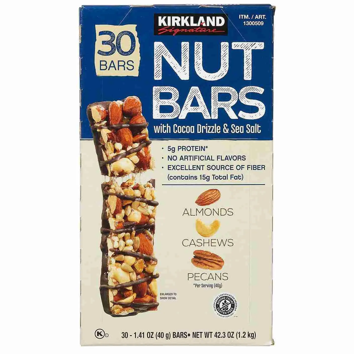 PROTEIN NUT BARS ASSTD WITH COCOA & SEA SALT ALMONDS, CASHEWS,PECANS KIRKLAND SIGNATURE ( 30 X 40 GM )