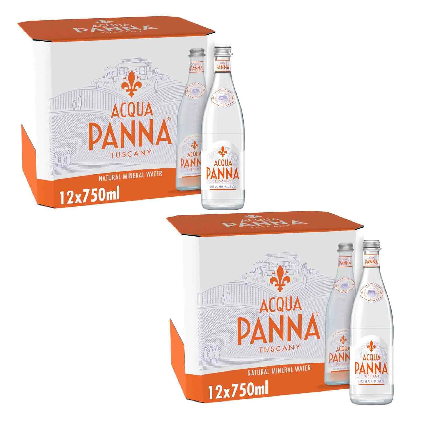 WATER MINERAL GLASS BOTTLE ACQUA PANNA ( 2 X 12 X 750 ML )