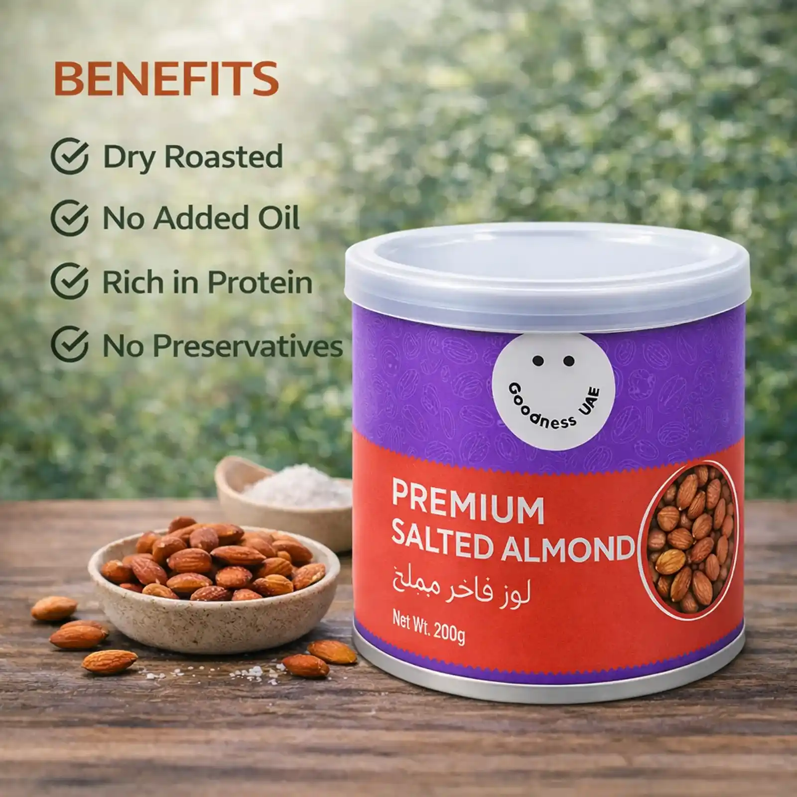 Goodness Premium Dry Roasted Salted Almonds | No Added Oil | Rich in Protein | No Preservatives | Healthy Snack | 200 g