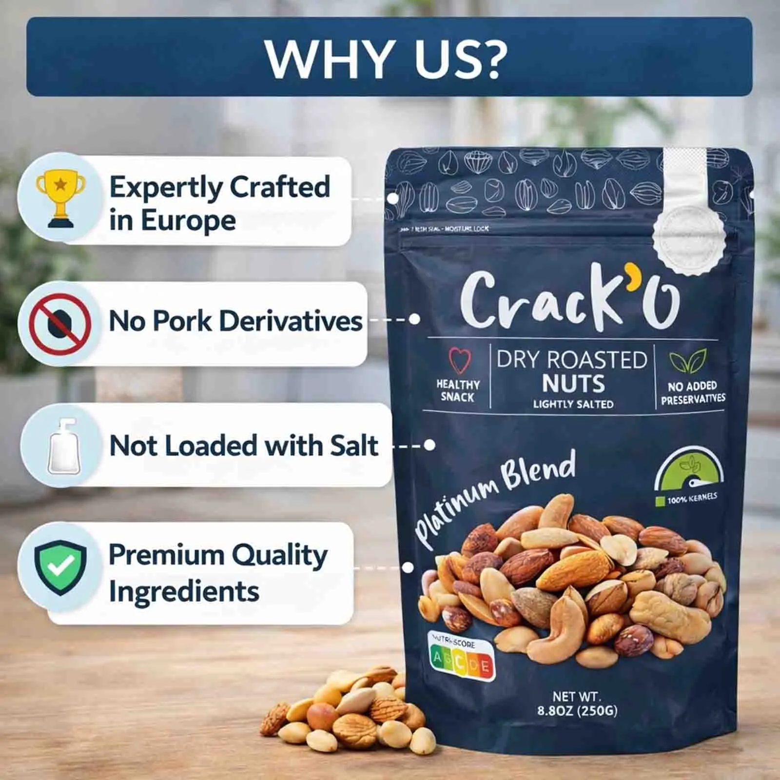 Crack O Platinum Blend Dry Roasted Nuts – Lightly Salted, Premium Mixed Nuts , 2 x 250 g