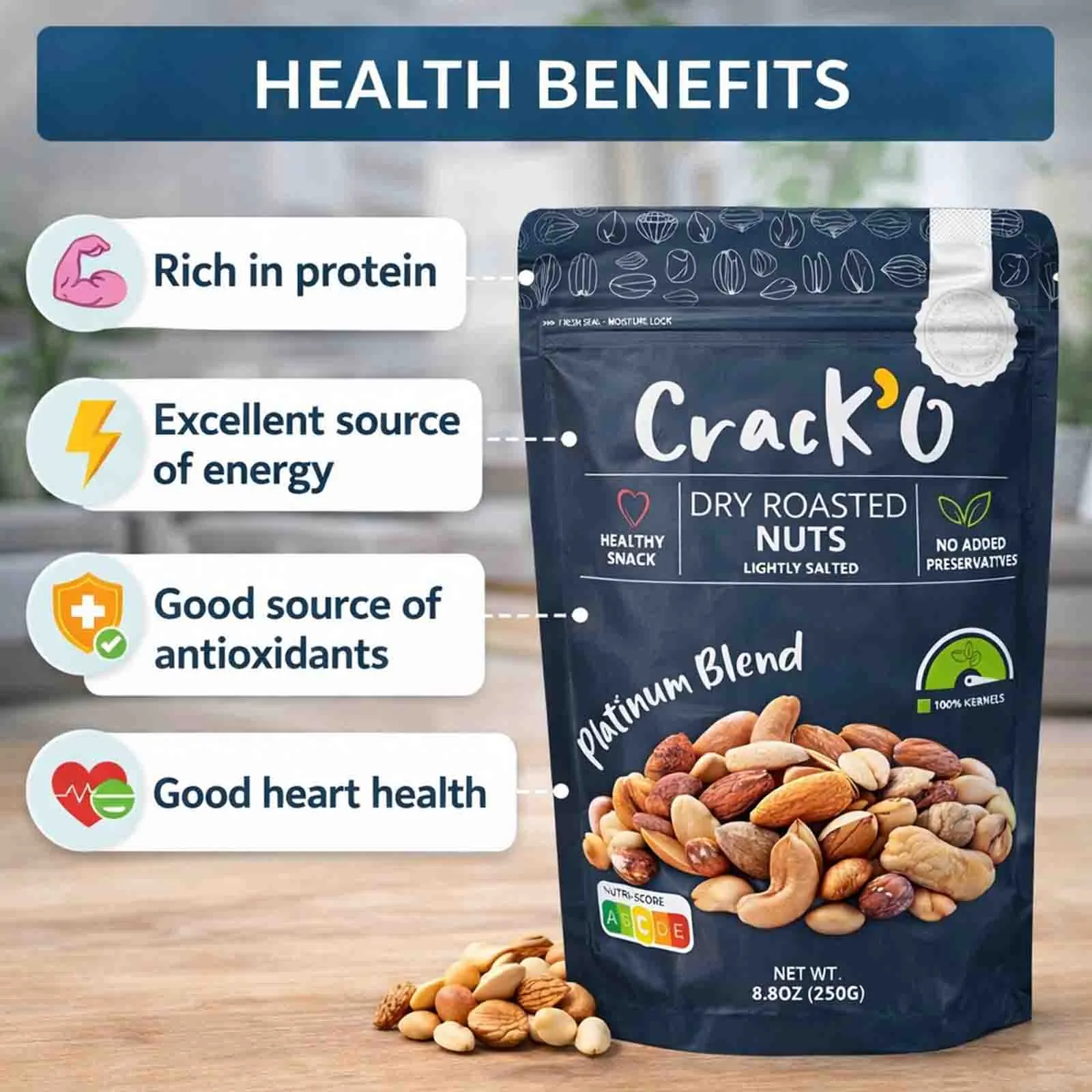 Crack O Platinum Blend Dry Roasted Nuts – Lightly Salted, Premium Mixed Nuts , 250 g