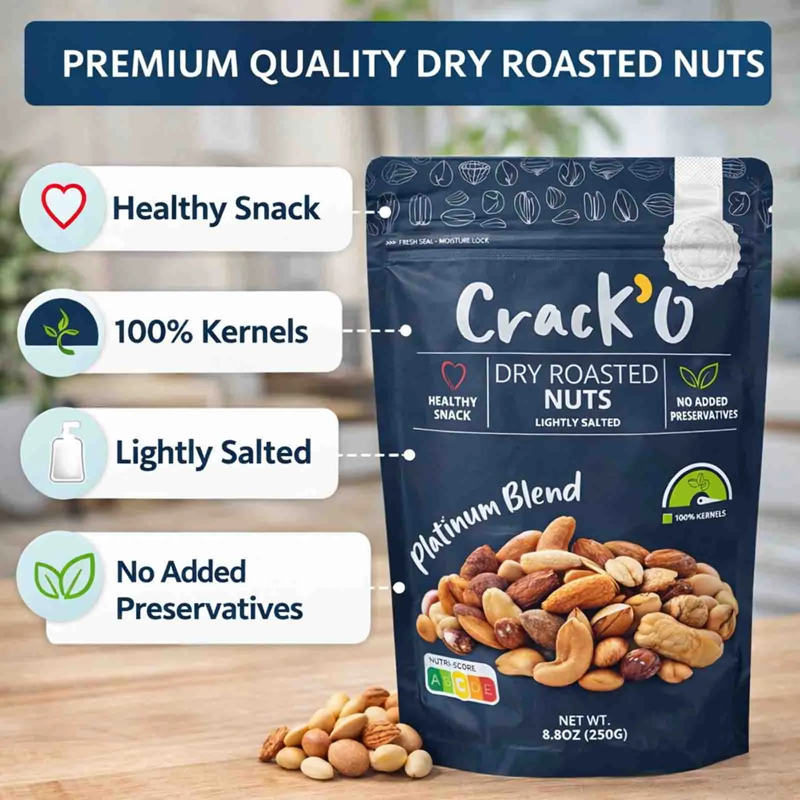 Crack O Platinum Blend Dry Roasted Nuts – Lightly Salted, Premium Mixed Nuts , 250 g