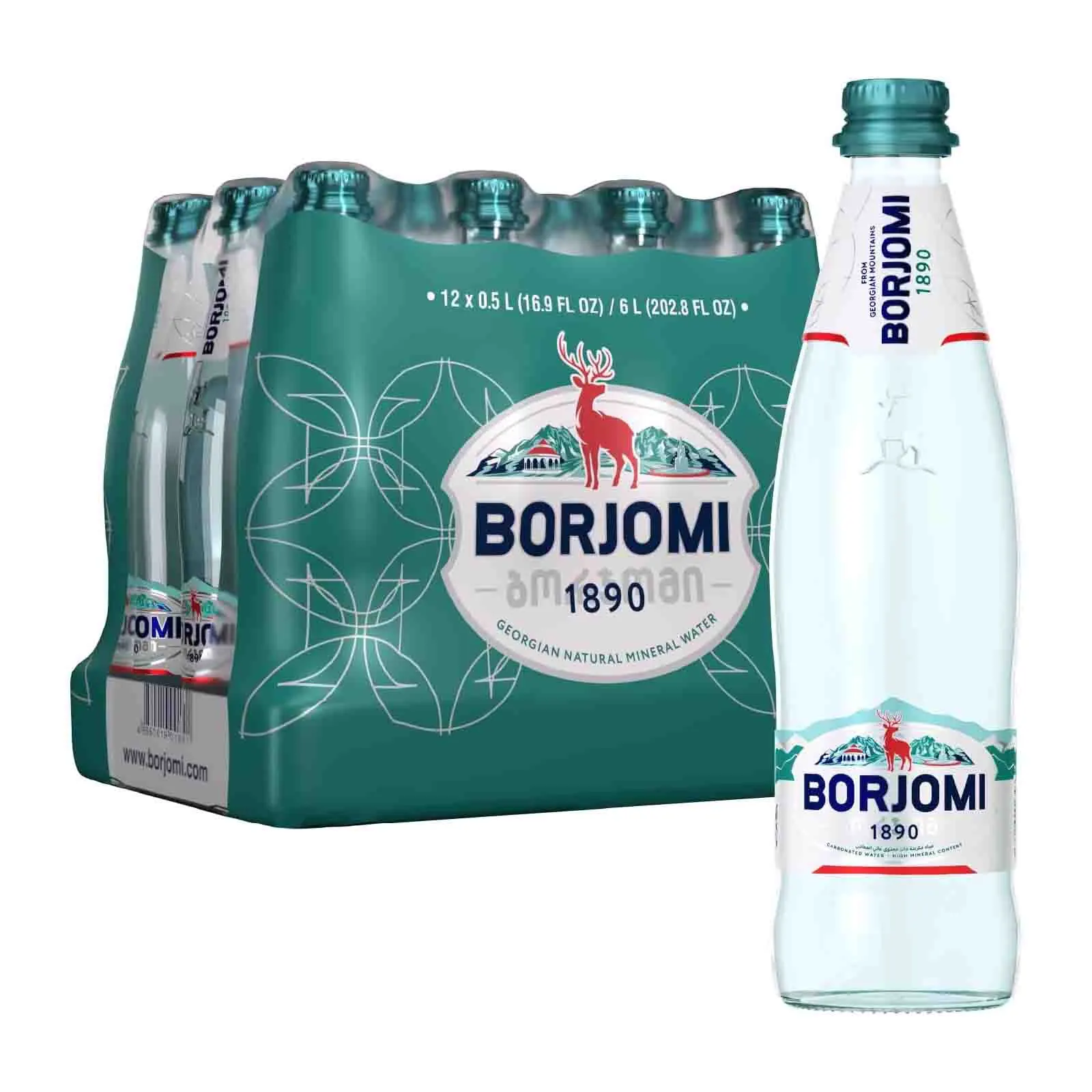 WATER SPARKLING GLASS BOTTLE BORJOMI ( 12 X 500 ML )