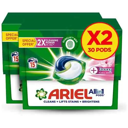 LIQUID DETERGENT CAPSULES 3 IN 1 POD PB DOWNY FLORAL BREEZE ARIEL ( 2 X 15 PODS )