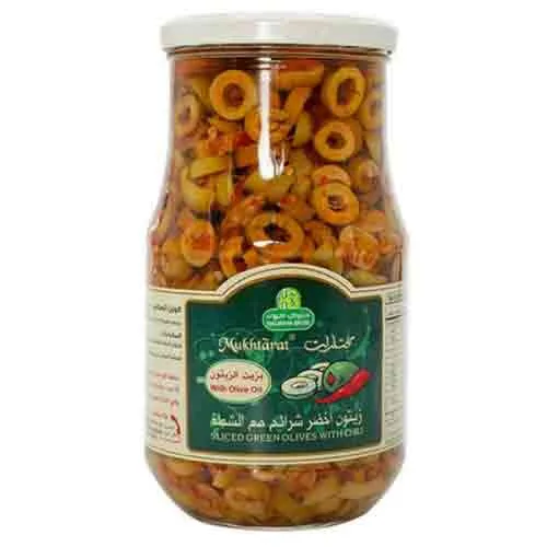 OLIVES GREEN SLICED WITH CHILLY MUKHTARAT ( 650 GM )