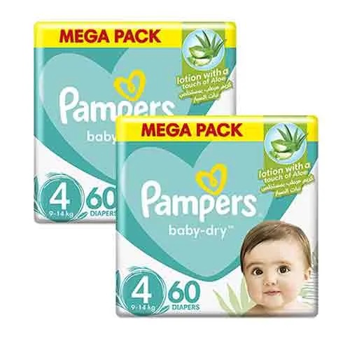 DIAPERS BABY DRY WITH ALOE VERA LOTION & LEAKAGE PROTECTION SIZE 4, 9 - 14 kg, PAMPERS ( 2 X 60 PCS ) 