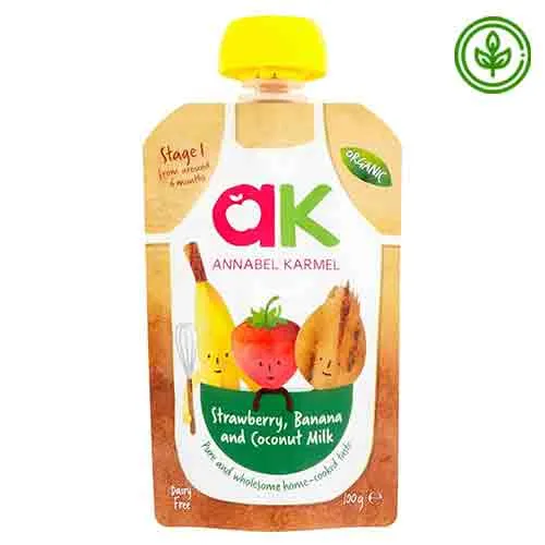 PUREE ORGANIC STRAWBERRY, BANANA & COCONUT MILK STAGE 1 ANNABEL KARMEL ( 100 gm ) 