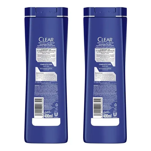 Mens Clear 3 in 1 Shampoo with Activated Charcoal 2 x 400 ml