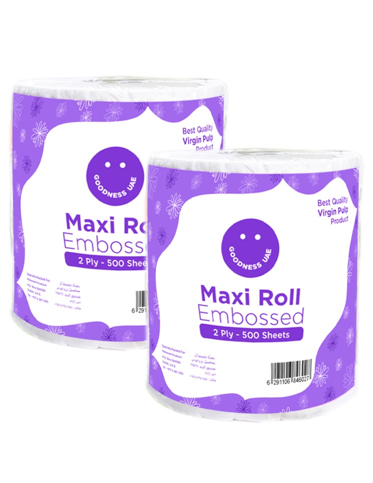  Goodness UAE Paper Towel Rolls – Pack of 2 | 2-Ply, 500 Sheets Each | Embossed Maxi Size Kitchen Rolls | Ultra Absorbent, Soft & Lint-Free | Ideal for Cleaning, Cooking & Everyday Use