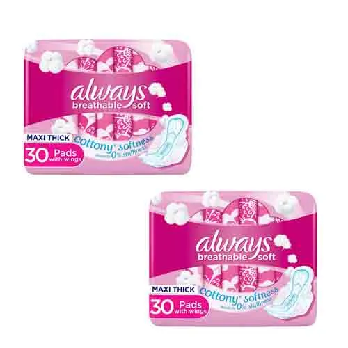 Always Breathable Soft Maxi Thick Large Sanitary Pads with Wing 2 X 30 pcs