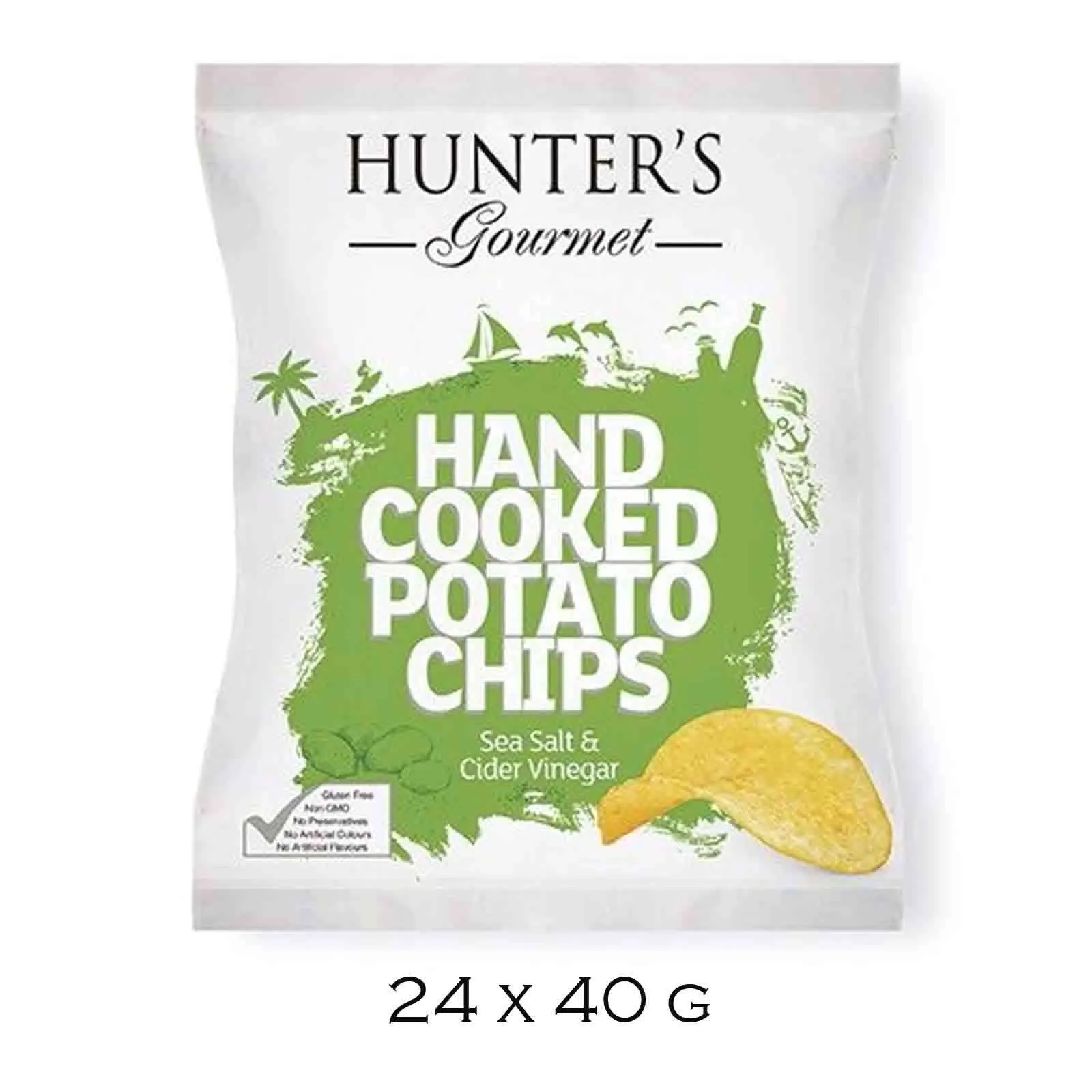 POTATO CHIPS HAND COOKED SEA SALT & CIDER VINEGAR HUNTERS GOURMET (  24 X 40 gm )