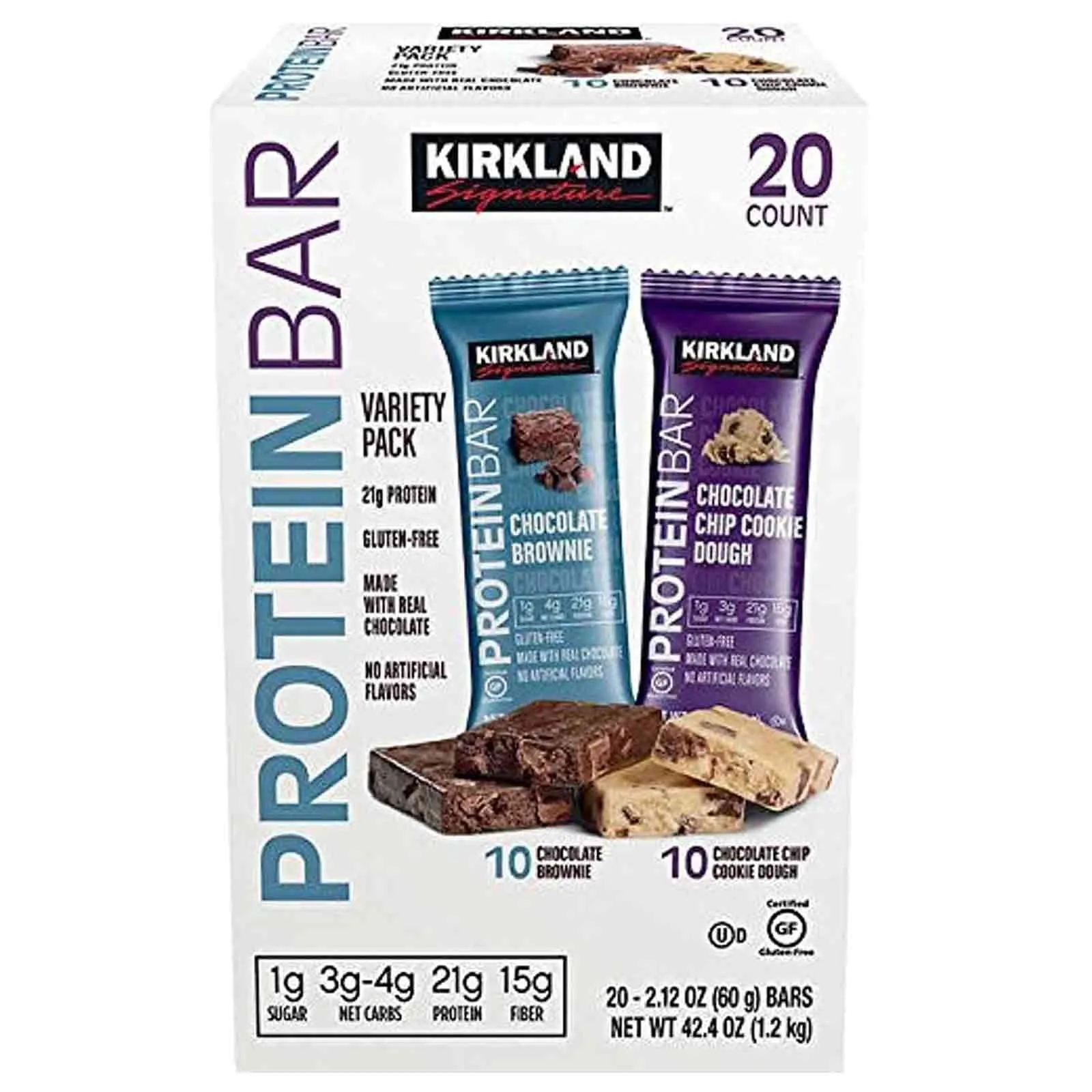 PROTEIN BARS 2 VARIETY PACK 20 PCS ( CHOC BROWNIE - 10 , CHOC CHIP COOKIES  - 10 ) KIRKLAND SIGNATURE ( 20 X 60 GM )